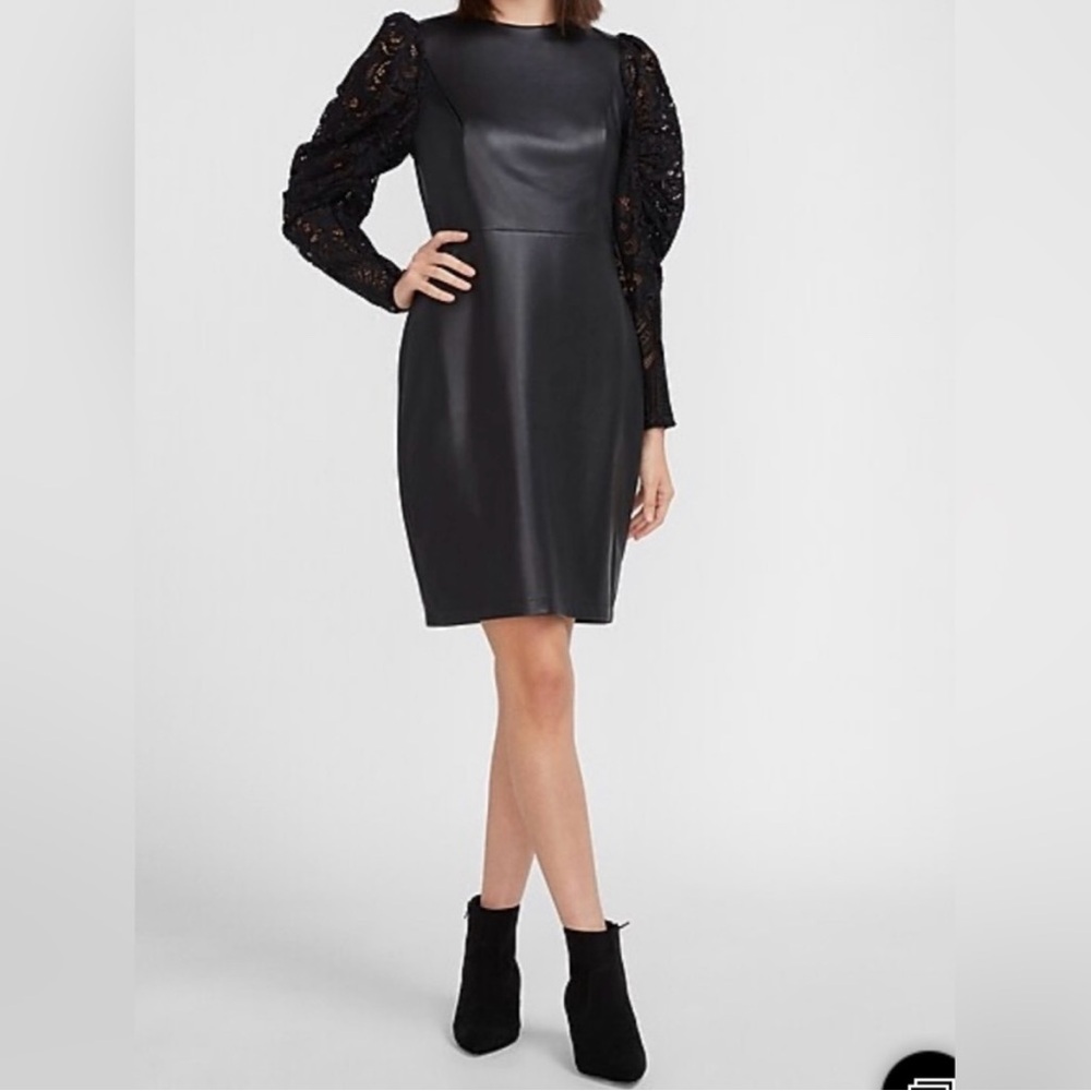 Express Black Faux Leather with Lace Sleeves Dress NWOT